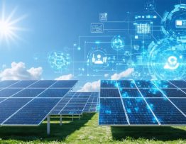 A modern solar energy installation featuring advanced solar panels and battery storage solutions, highlighting AI integration and technology advancements in commercial energy.