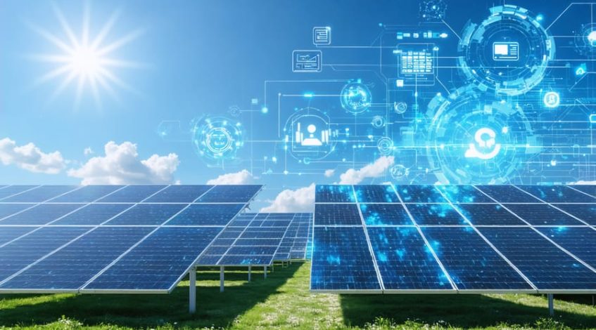 A modern solar energy installation featuring advanced solar panels and battery storage solutions, highlighting AI integration and technology advancements in commercial energy.