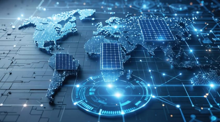 A creative representation of the global solar supply chain, showcasing interconnected stages from raw material sourcing to installation, with a focus on digital technologies like AI and blockchain.