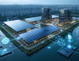 Modern cityscape highlighting cutting-edge solar technologies, including building-integrated photovoltaics, floating solar farms, and interconnected smart grid infrastructures, representing the revolution in renewable energy advancements.