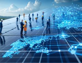 An artistic representation of an integrated solar supply chain, illustrating interconnected digital networks, collaborative partnerships, and technological advancements in solar component management.