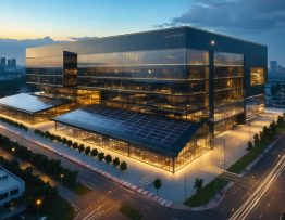 Conceptual illustration of a commercial complex with integrated thermal storage solar systems represented by glowing energy circuits across the cityscape, under a setting and rising sun, symbolizing continuous clean energy availability.