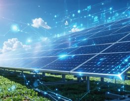 Futuristic digital illustration of a solar farm with AI-powered sensors and data analytics visualizations showcasing predictive maintenance processes for optimal solar panel performance.