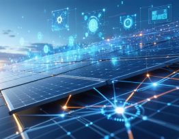 Conceptual infographic depicting AI integration in solar data analytics, showing solar panels linked to AI icons for real-time analysis and predictive maintenance.
