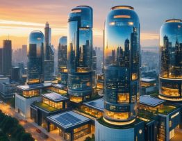 A futuristic cityscape showcasing commercial buildings with integrated solar panels, smart solar arrays, and perovskite solar windows, illuminated by a dynamic sunrise.