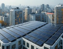 A futuristic city depicting a blend of traditional solar panel installations and modern solar technologies, illustrating the transformation in solar energy partnerships.