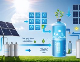 Infographic depicting solar panels collecting sunlight, an electrolyzer splitting water into hydrogen and oxygen, and hydrogen storage tanks, symbolizing the solar-to-hydrogen conversion process for energy storage.