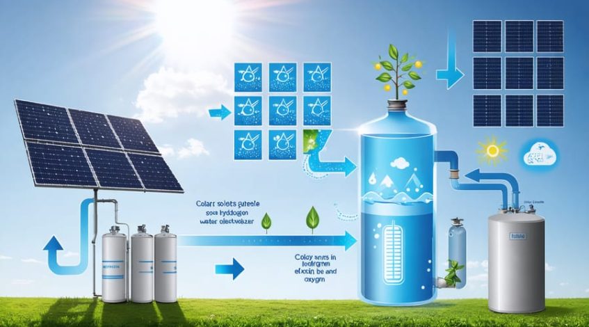 Infographic depicting solar panels collecting sunlight, an electrolyzer splitting water into hydrogen and oxygen, and hydrogen storage tanks, symbolizing the solar-to-hydrogen conversion process for energy storage.