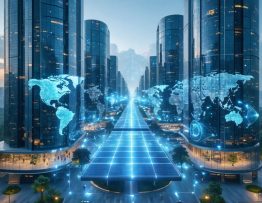 A futuristic cityscape featuring skyscrapers with perovskite solar facades and ground-level bifacial solar panels, visualizing AI-optimized energy systems in an urban environment.