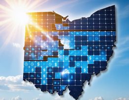 A conceptual map of Ohio with color gradients showing solar energy potential, featuring symbols of solar panels and dollar signs to illustrate financial returns from solar investments.