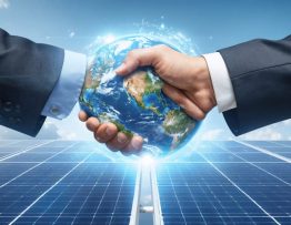 A conceptual representation of collaboration between public and private sectors in solar energy innovation, featuring a handshake overlay on solar panels and a globe.