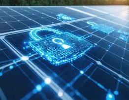 Conceptual illustration of a secure solar panel network, incorporating digital security symbols such as locks and shields, signifying the protection of energy data.