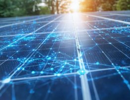 "Conceptual illustration of solar panels integrated with IoT technology, featuring digital data streams and analytics to represent performance monitoring and optimization."