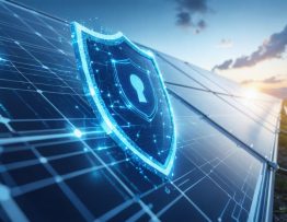 Conceptual illustration of a digital shield protecting solar panels, symbolizing cybersecurity measures in renewable energy systems.