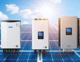Collage of solar inverters including string inverters, microinverters, and power optimizers with solar panels in the background, highlighting technological advancements in solar energy management.