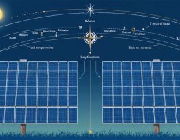 Illustrated guide showing solar panels oriented at different angles with a sun path overhead, including directional indicators and adjustment annotations for optimal energy capture.