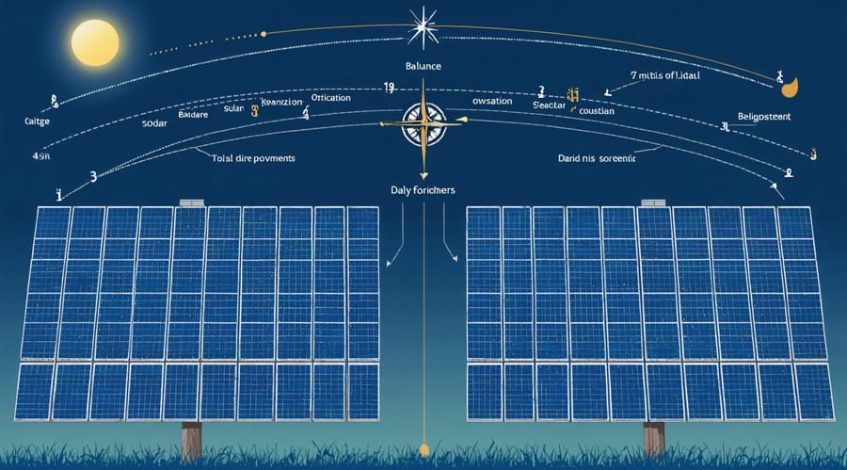 Illustrated guide showing solar panels oriented at different angles with a sun path overhead, including directional indicators and adjustment annotations for optimal energy capture.