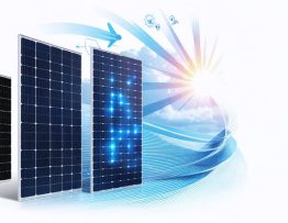 Composite image displaying three types of solar panels: monocrystalline, polycrystalline, and thin-film, with abstract energy symbols conveying efficiency and innovation.