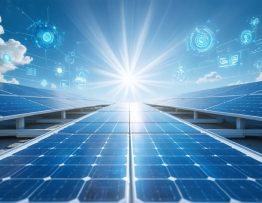 Futuristic data center equipped with expansive solar panel arrays under a sunny sky, symbolizing the integration of renewable energy with advanced digital infrastructure.