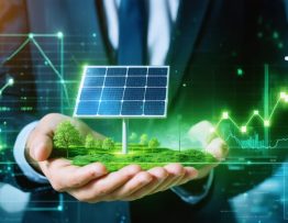 A private equity investor holding a glowing solar panel, symbolizing the integration of finance and renewable energy innovation, with financial charts and green growth indicators in the background.
