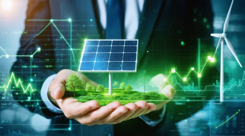 A private equity investor holding a glowing solar panel, symbolizing the integration of finance and renewable energy innovation, with financial charts and green growth indicators in the background.
