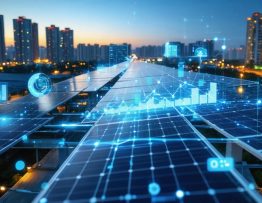 A futuristic cityscape with interconnected solar panels and digital streams, representing advanced monitoring systems enhancing solar energy efficiency.