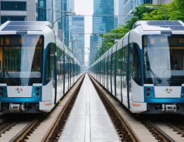 Illustration of a futuristic city with solar-powered buses and trains in motion, showcasing solar panels on vehicles and stations, symbolizing clean energy and advanced urban transportation.