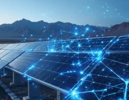 An illustration of a large solar farm in Latin America interlinked with digital lines, symbolizing the integration of digital technology in solar energy operations amidst a regional landscape.
