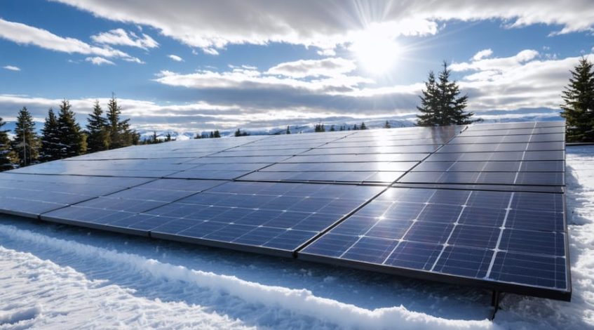 Solar panels installed on a Minnesota business rooftop with a snowy landscape, demonstrating the sustainable energy potential for local enterprises.