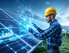 A futuristic depiction of solar energy technology integrating data analytics and customer feedback, featuring solar panels and a holographic dashboard operated by a solar technician.