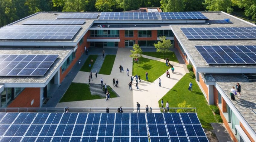 Aerial view of a school with solar panels on the rooftops, featuring students engaging in outdoor activities emphasizing renewable energy learning.