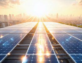 Illustration of a futuristic power grid integrated with solar panels under a bright sun, highlighting the transformation of urban infrastructure with green energy technologies.