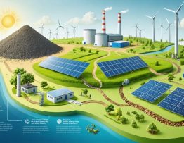 Illustration depicting the solar energy lifecycle, showcasing raw material extraction, solar panel manufacturing, a solar farm generating clean energy, and a recycling facility repurposing solar components.