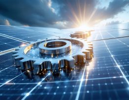 Futuristic image depicting interconnected gears under a bright, sunny sky, representing public and private sector collaboration in solar energy innovation.