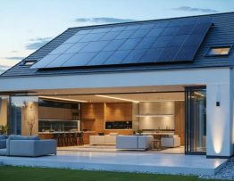 Modern home with solar panels on roof and inside view of luxurious bathroom featuring solar-powered lighting and eco-friendly fixtures, representing increased home value and sustainable living.