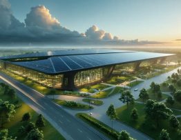 A modern data center with solar panels on the roof and surrounded by greenery, representing the integration of technology and renewable energy.