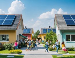 A diverse community powered by off-grid solar panels, illustrating sustainable development with people engaging in everyday activities.