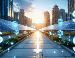 Conceptual image of a futuristic cityscape with commercial buildings featuring solar panels, radiant light beams indicating energy and financial savings, and a pathway leading to a zero symbol, representing zero down solar costs.