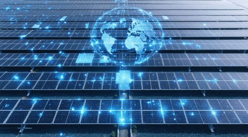 Aerial view of an advanced solar farm with AI-driven technology, displaying real-time performance data and analytics on transparent overlays above the panels.