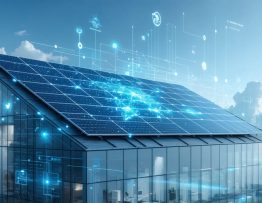A modern office building rooftop with solar panels featuring digital overlays of energy metrics and AI analytics, symbolizing AI-driven energy optimization.