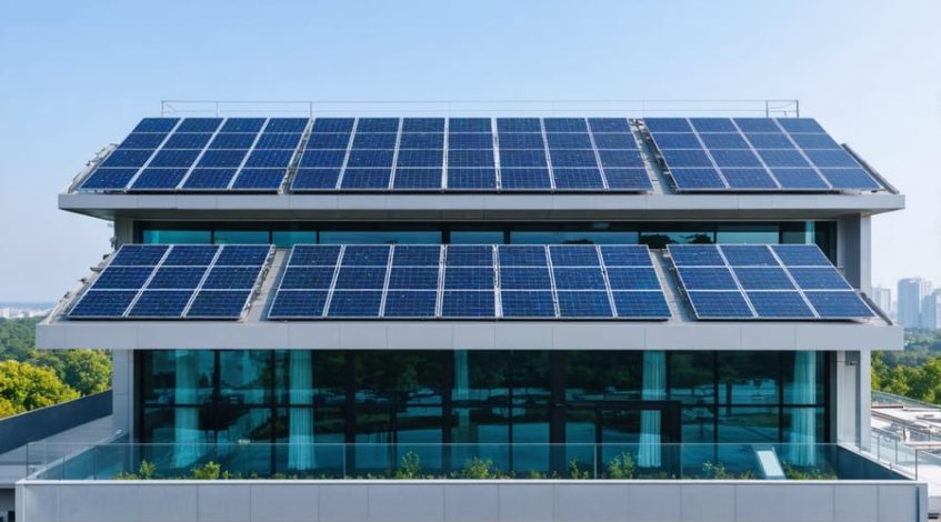 A contemporary business building showcasing a large solar panel installation on its rooftop, symbolizing financial benefits from solar energy tax credits.