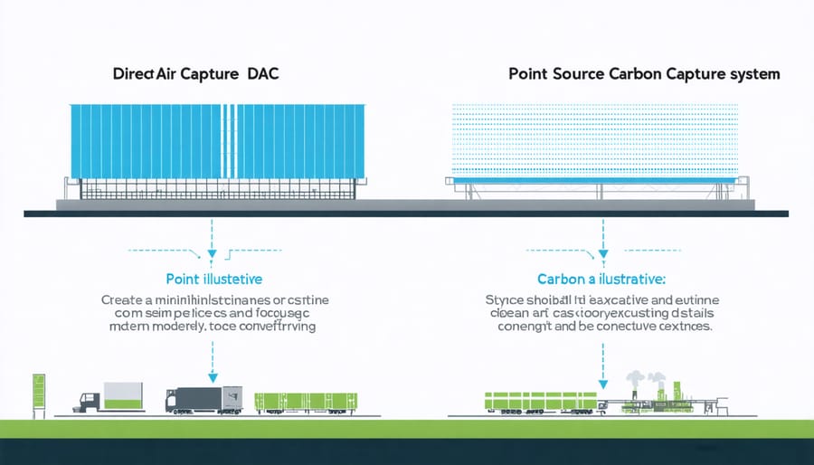 Comparison diagram of Direct Air Capture technology and Point Source Carbon Capture methods with labeled components