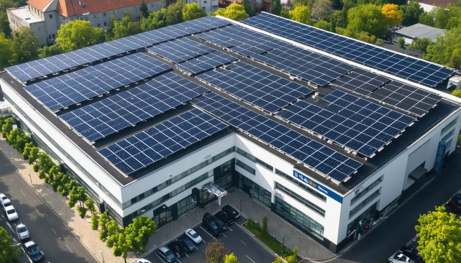 Modern office building utilizing AI-managed solar energy system