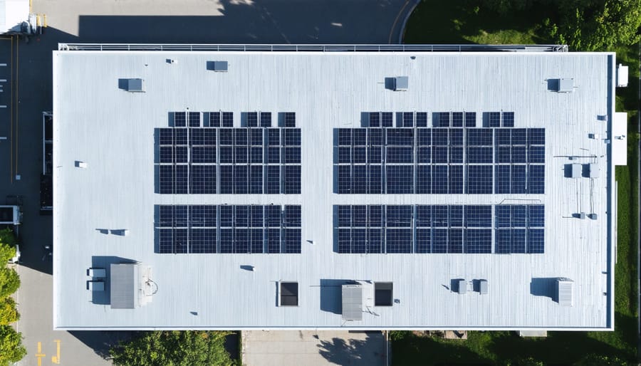 Commercial facility featuring rooftop solar array and ground-level battery storage system