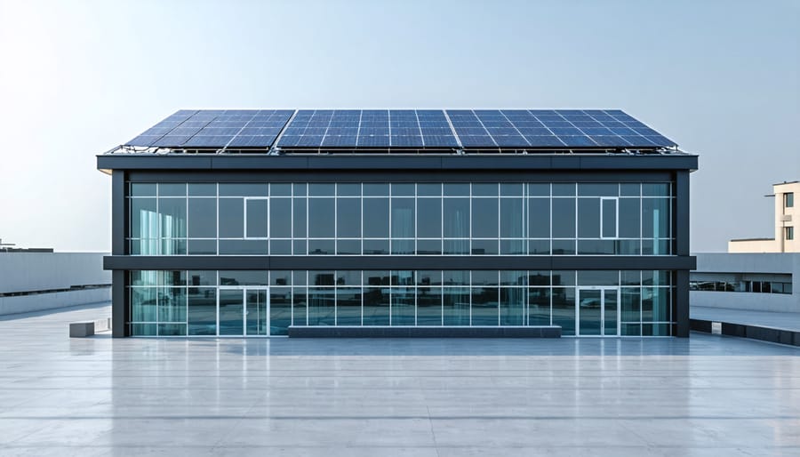 Large commercial building featuring an extensive rooftop solar panel array