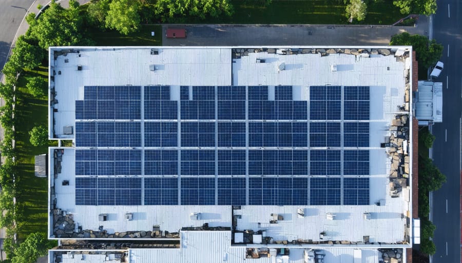 Bird's eye view of commercial solar panel array showing systematic installation pattern