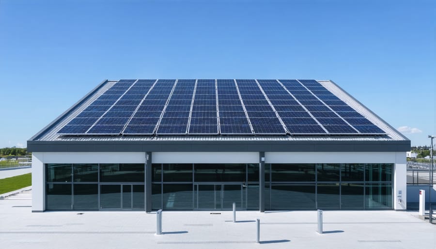 Large commercial building featuring extensive rooftop solar panel installation