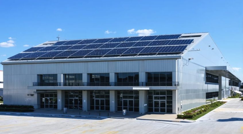 A contemporary commercial building with a wide array of solar panels on its rooftop, symbolizing the financial and sustainability advantages of solar panel leasing for businesses.