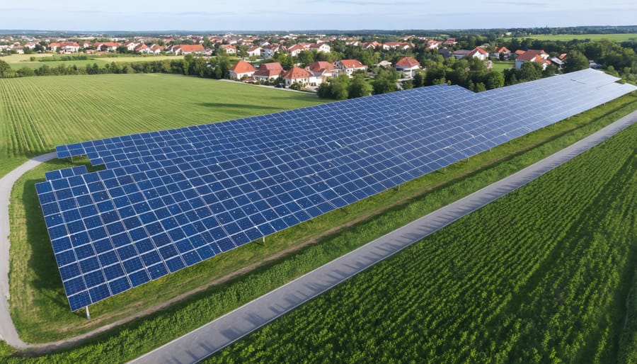 Large solar panel array serving local community with houses in background