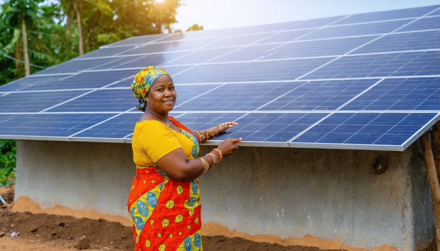 Local technicians working on solar micro-grid maintenance in rural setting
